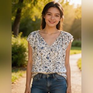 Ladies LOFT Blue Floral Ruffle V-Neck Blouse (inv# 177)